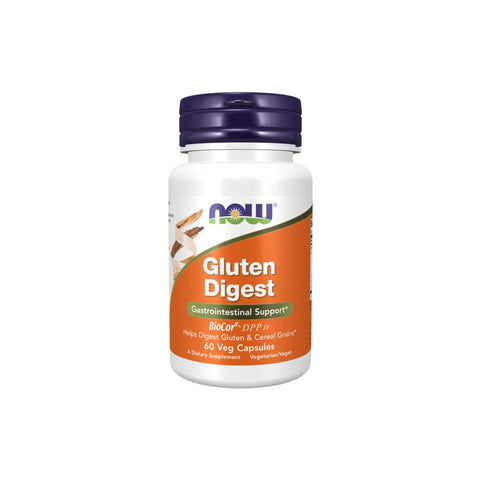 Now Foods Gluten Digest supplement bottle with BioCore® DPP IV for gastrointestinal support and enzyme digestion.