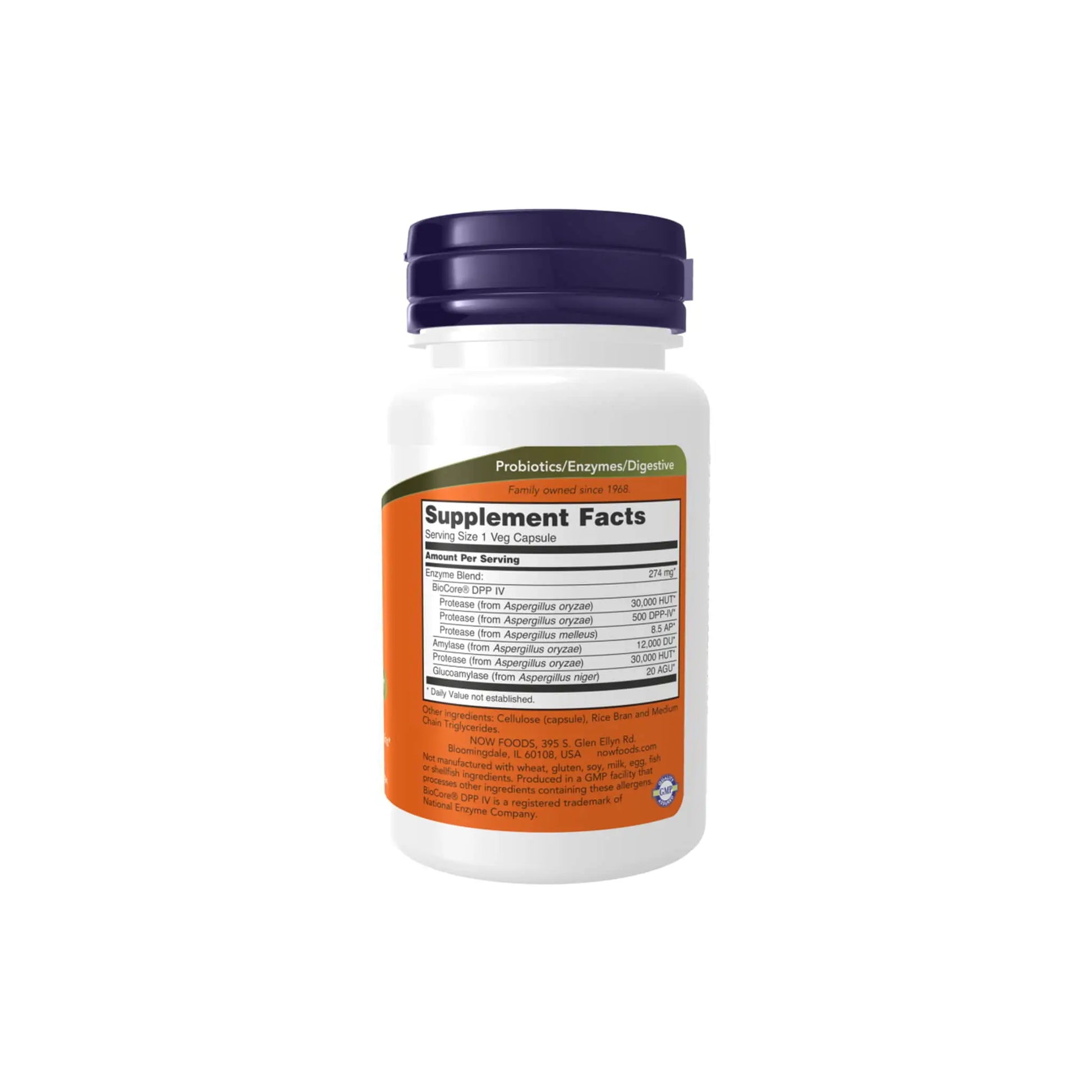Now Foods Gluten Digest supplement bottle with supplement facts label for digestive enzyme support.