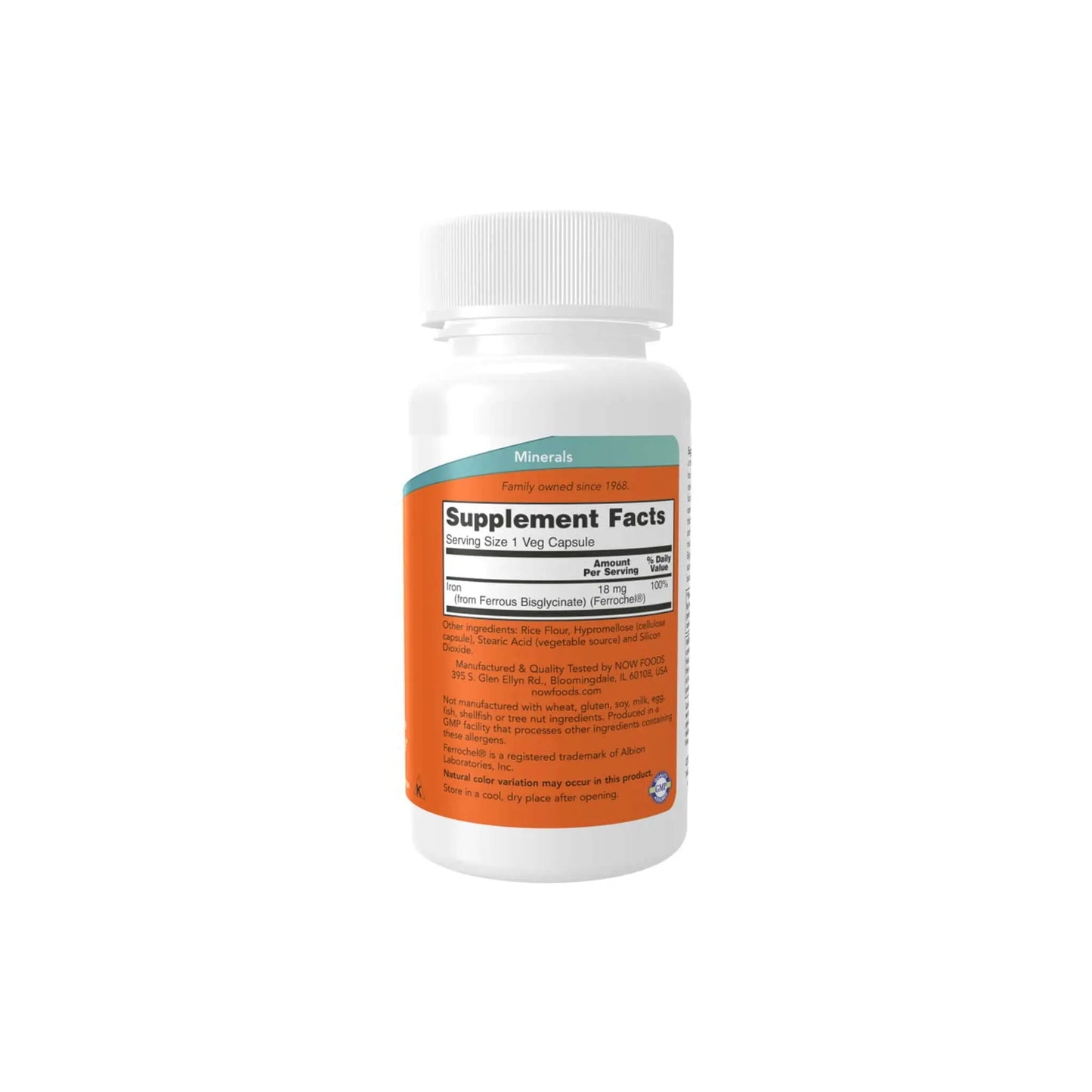 NOW Foods Iron 18mg Supplement Facts label on white bottle highlighting key nutritional information.