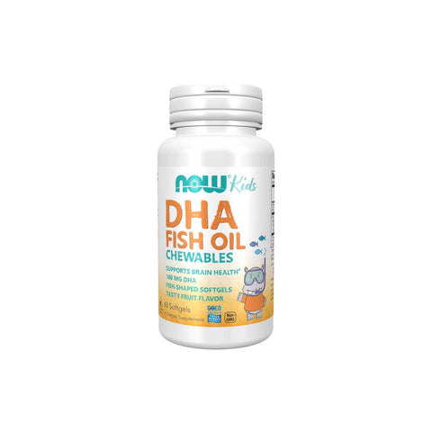 Now Foods Kids Chewable DHA fish oil softgels in fruity flavor, supports children's brain health and development.