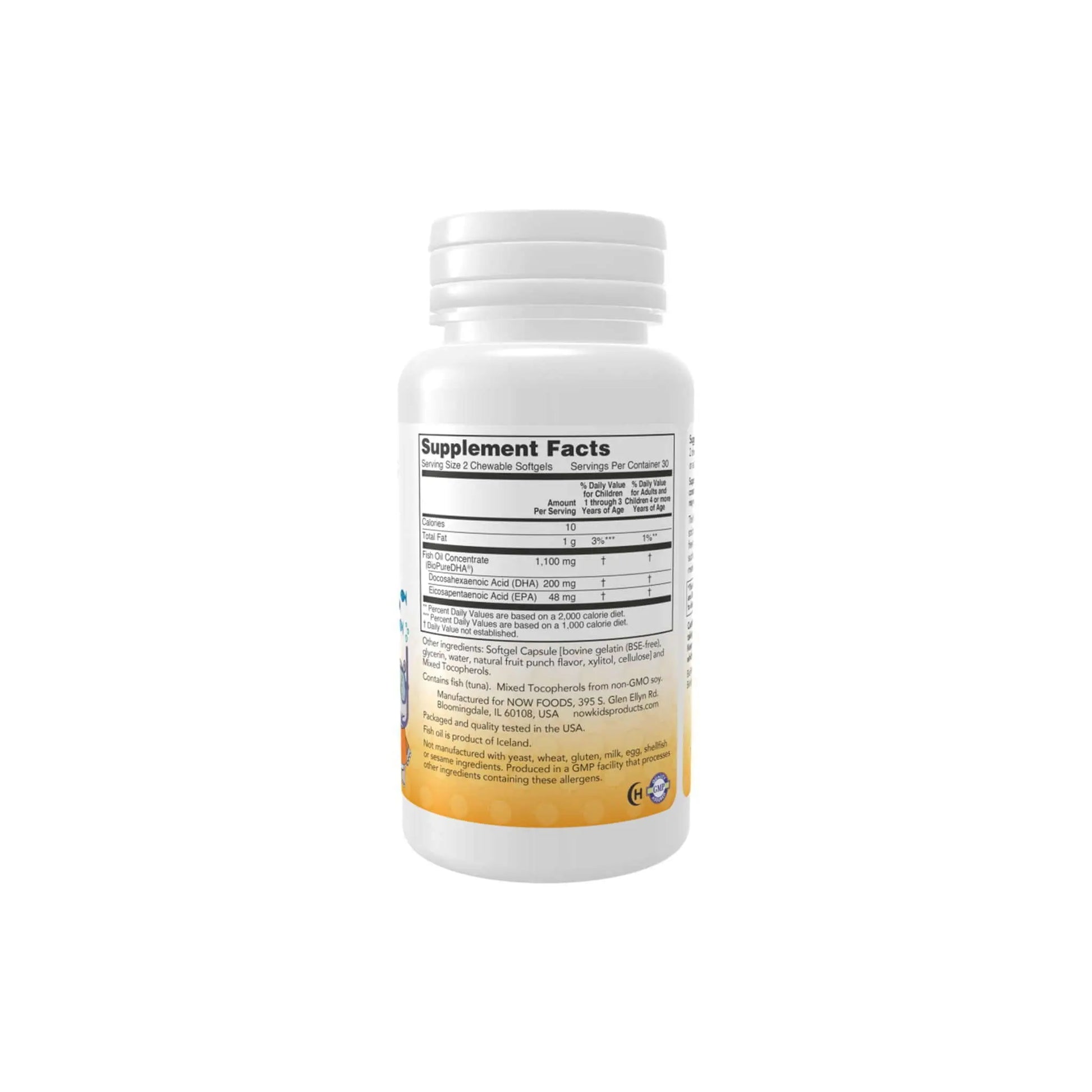 Now Foods Kids Chewable DHA supplement facts label, featuring essential nutritional information for children.