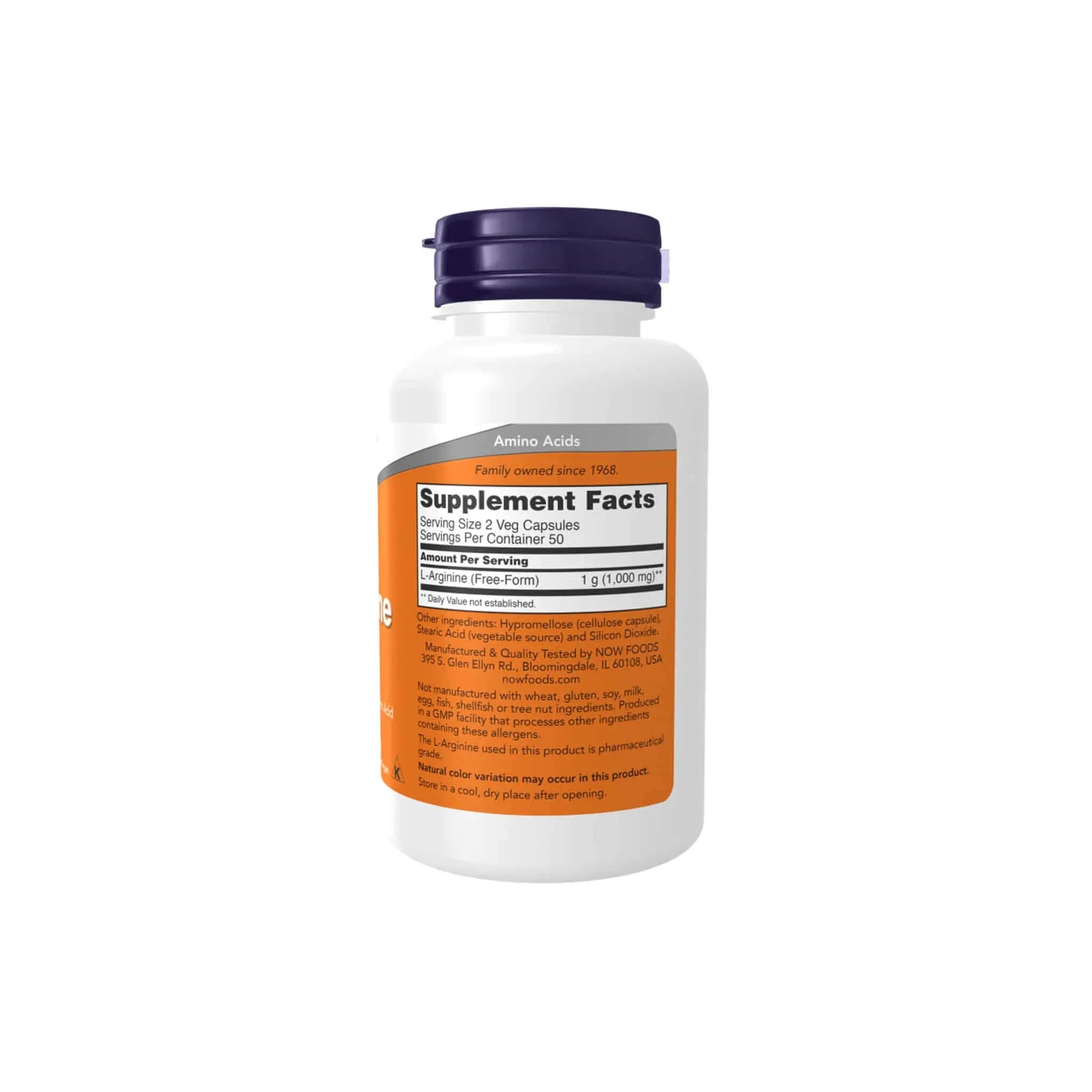 Now Foods L-Arginine 500mg supplement bottle with serving facts and nutritional information.
