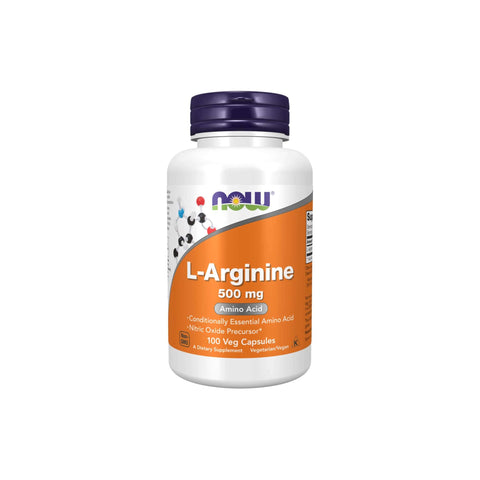 Now Foods L-Arginine 500mg supplement bottle, 100 vegetarian capsules for amino acid support.