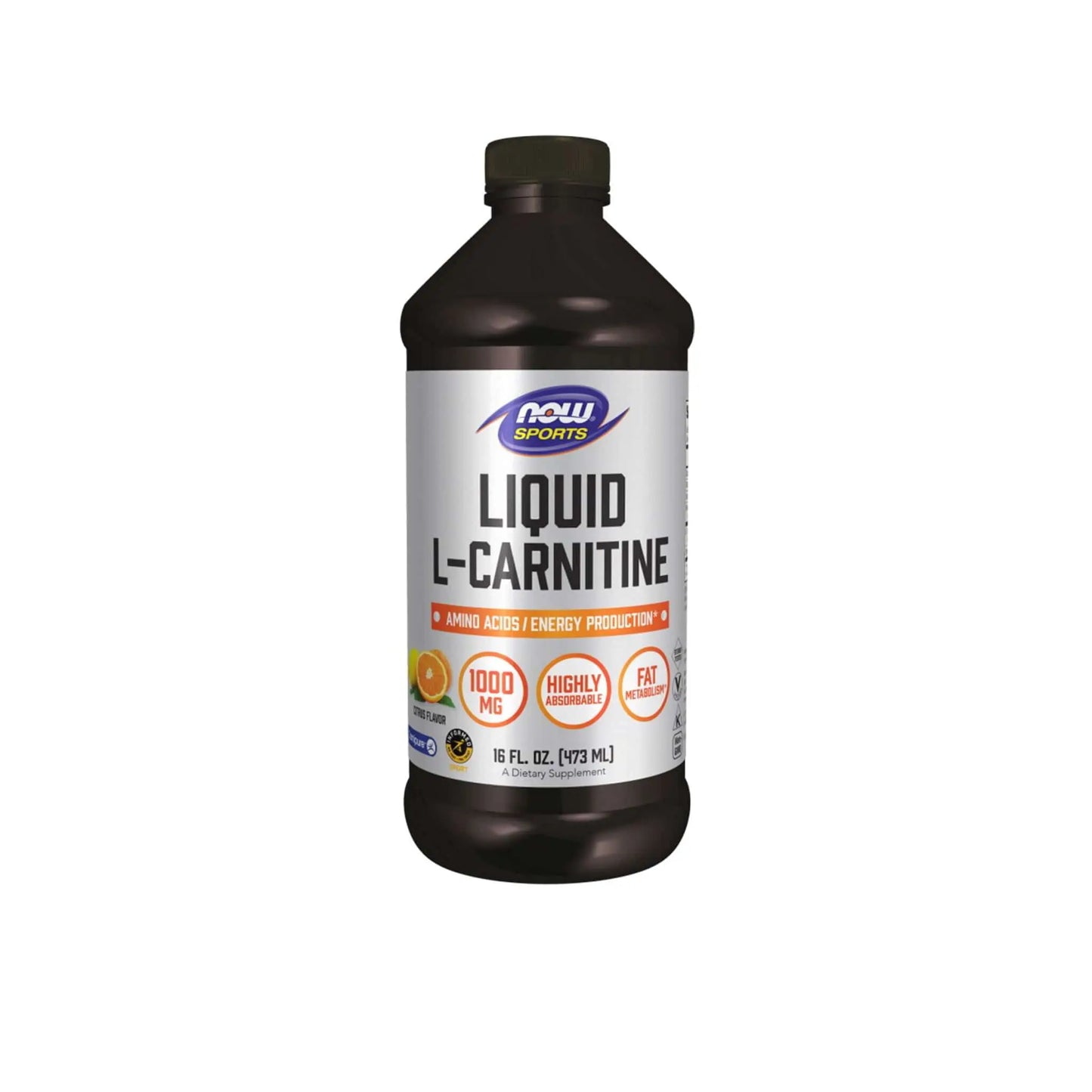 NOW Sports Liquid L-Carnitine bottle, 16 fl oz, 1000 mg, supports energy production and fat metabolism.