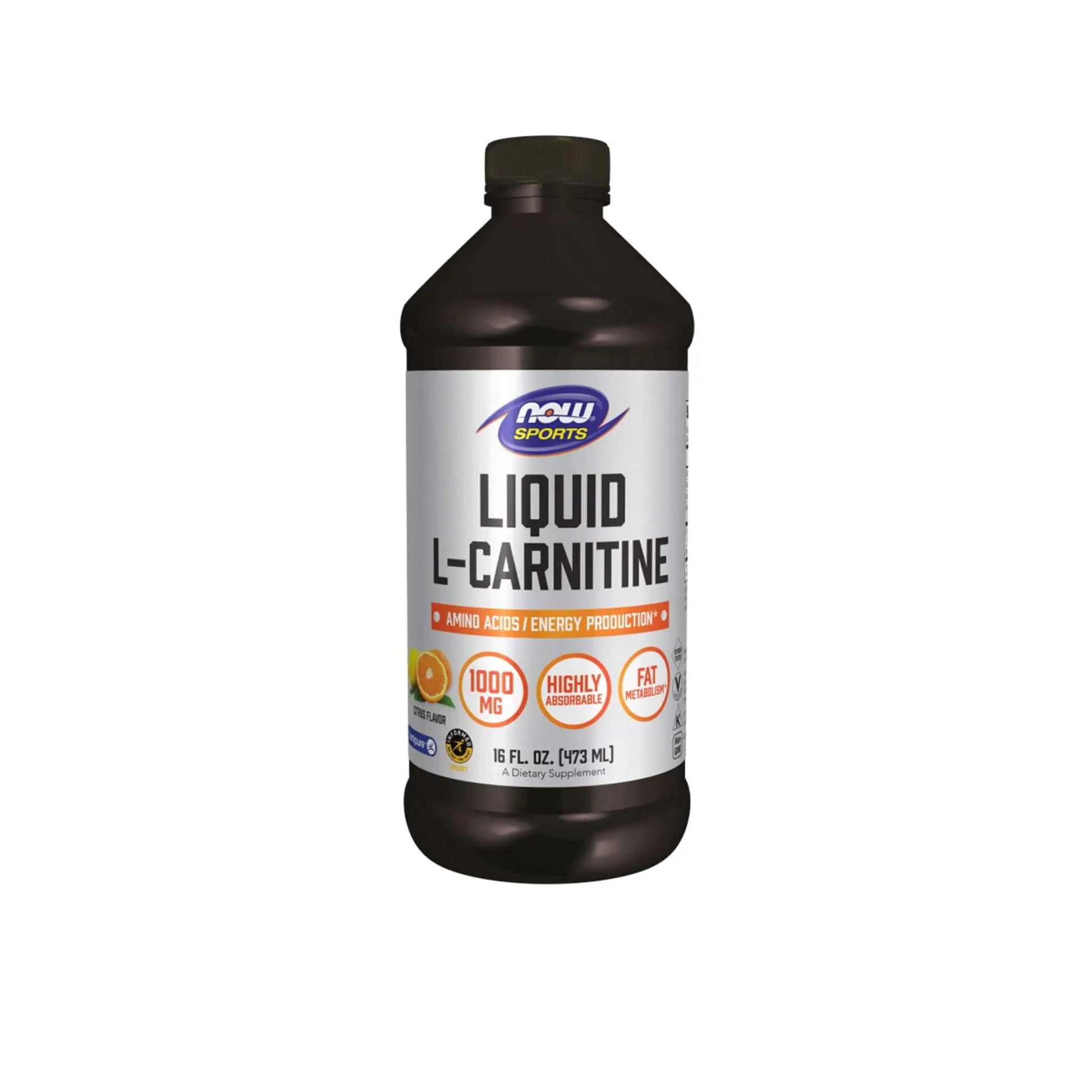 NOW Sports Liquid L-Carnitine bottle, 16 fl oz, 1000 mg, supports energy production and fat metabolism.