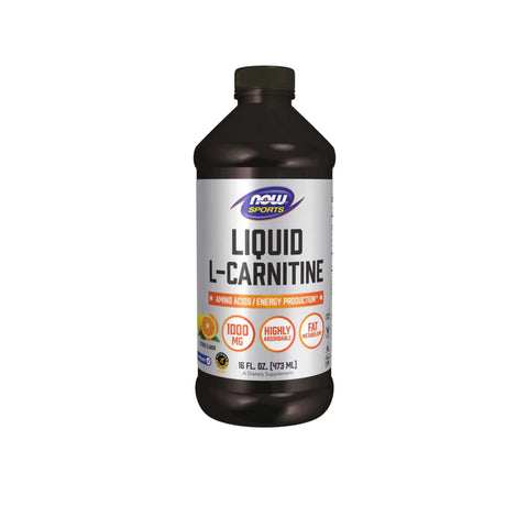 NOW Sports Liquid L-Carnitine bottle, 16 fl oz, 1000 mg, supports energy production and fat metabolism.