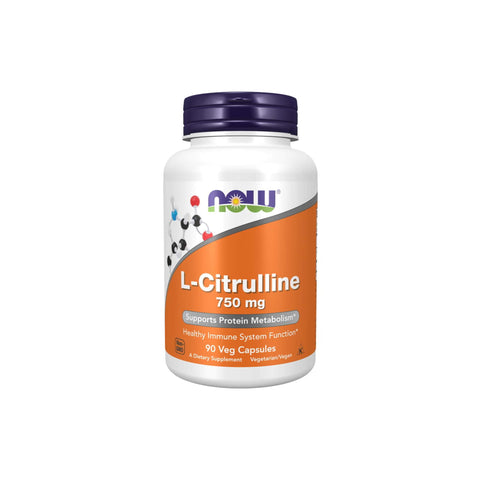 Now Foods L-Citrulline 750mg supplement bottle, supports protein metabolism and immune function, 90 veg capsules.