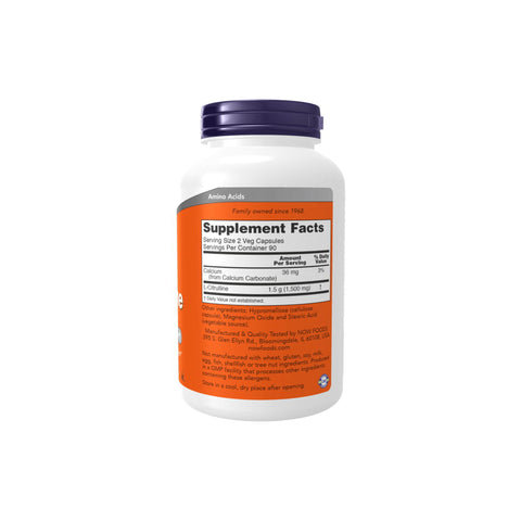 Now Foods L-Citrulline 750mg supplement bottle, supports protein metabolism and immune function, 90 veg capsules.