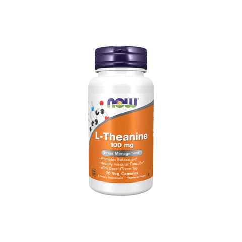 Now Foods L-Theanine 100 mg supplement bottle, promotes relaxation and supports healthy vascular function.