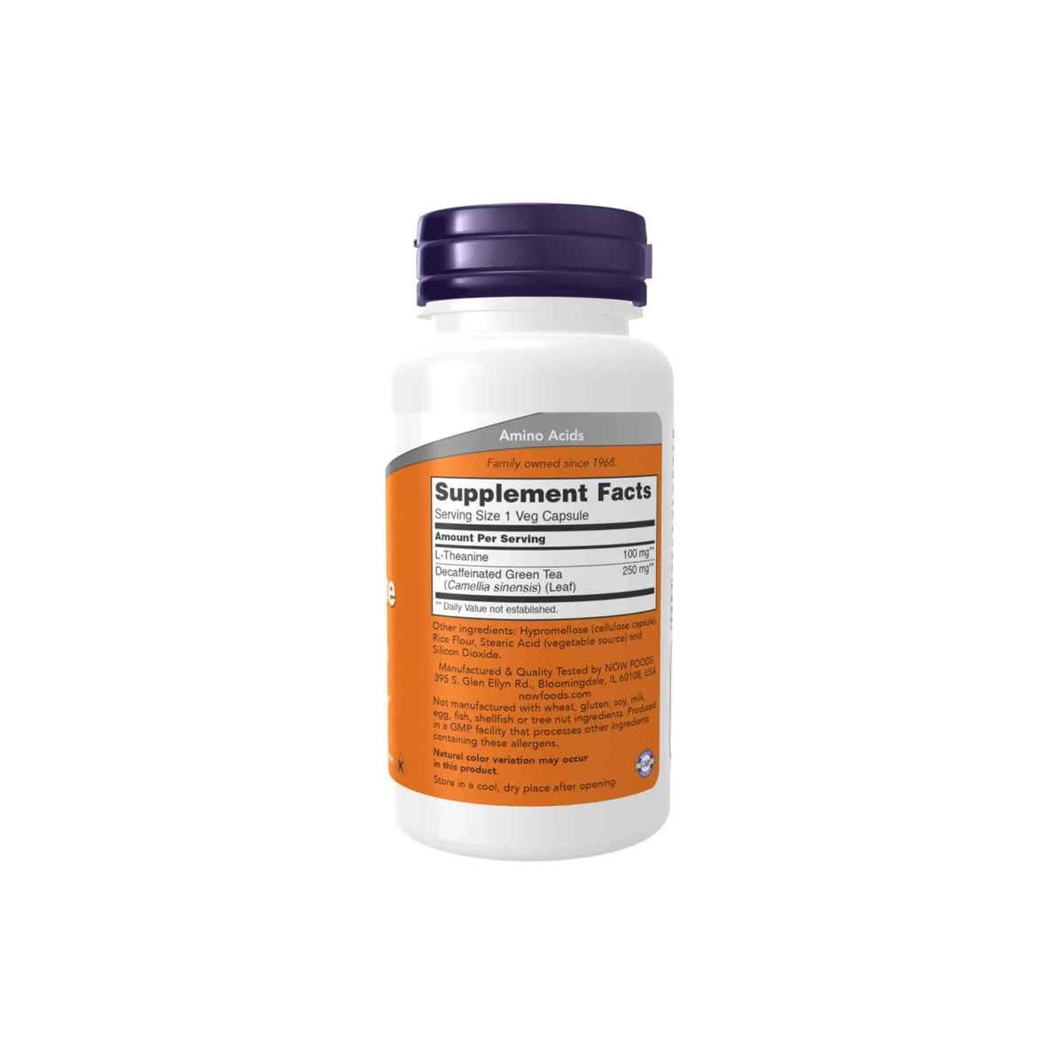 Now Foods L-Theanine supplement bottle displaying supplement facts and ingredients on the label.