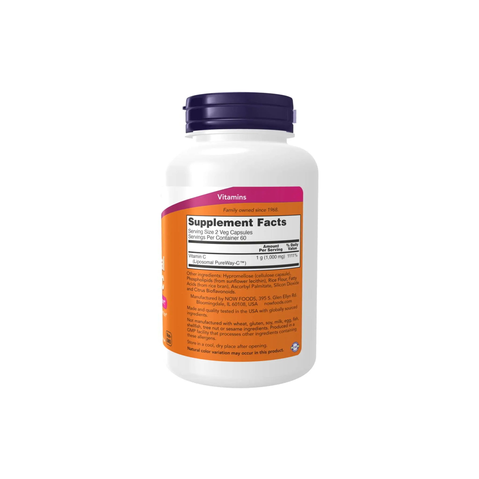 NOW® Liposomal Vitamin C supplement bottle showing nutrition facts and details for enhanced absorption and immune support.