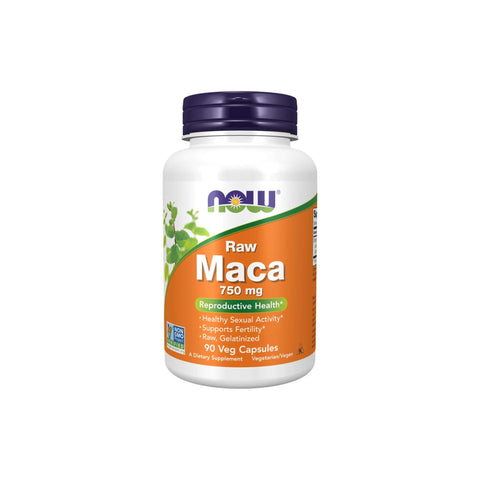 Now Foods Maca 750mg supplement bottle, supports reproductive health and sexual activity, 90 veg capsules.