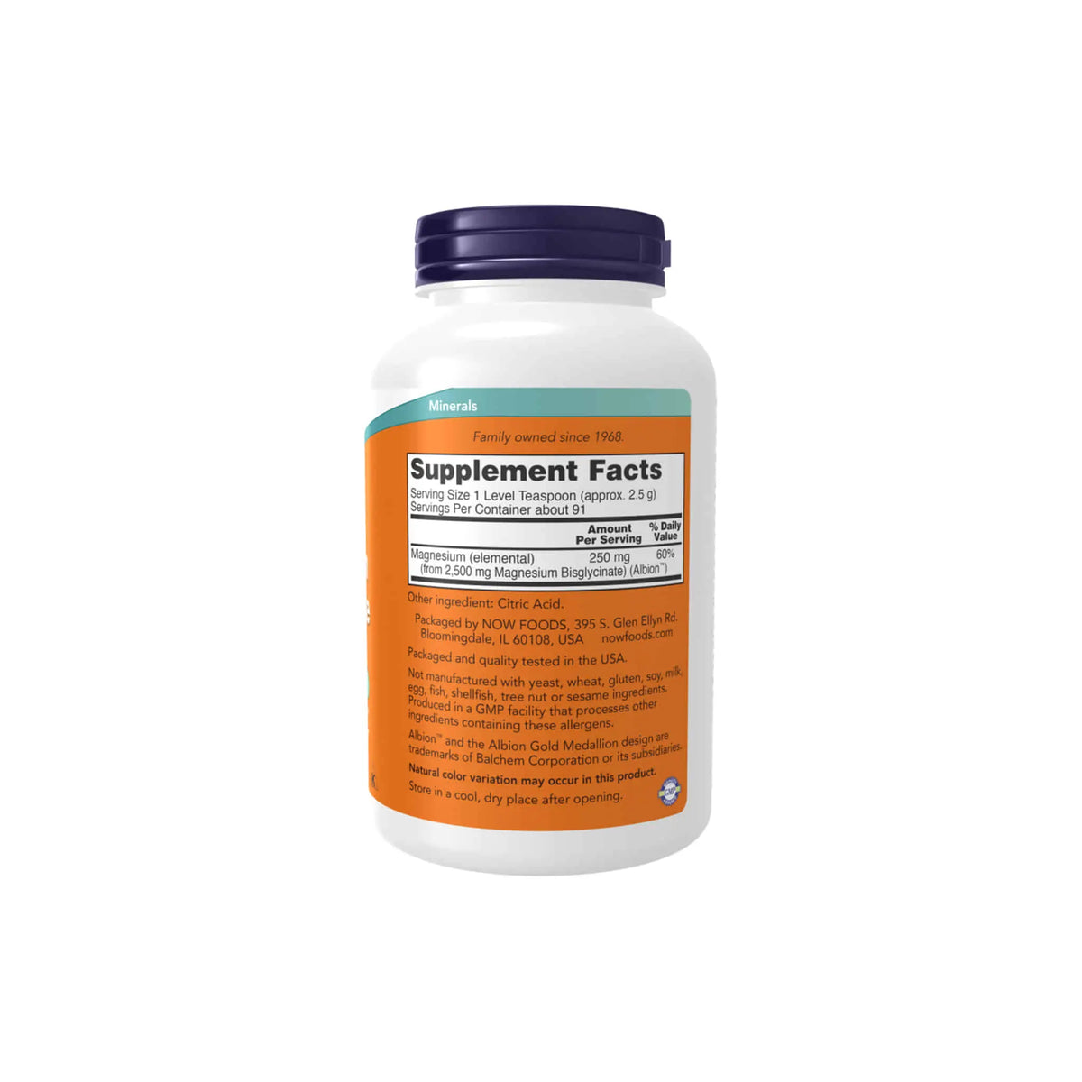 Now Foods Magnesium Bisglycinate supplement bottle showcasing nutritional facts and serving information.