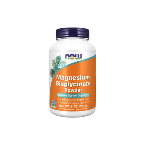 Now Foods Magnesium Bisglycinate Powder for energy production and enzyme support, 8 oz container.