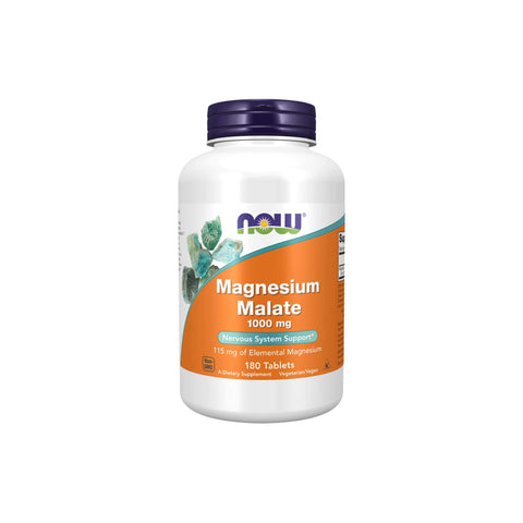 Now Foods Magnesium Malate 1000 mg dietary supplement bottle with 180 tablets for nerve system support.