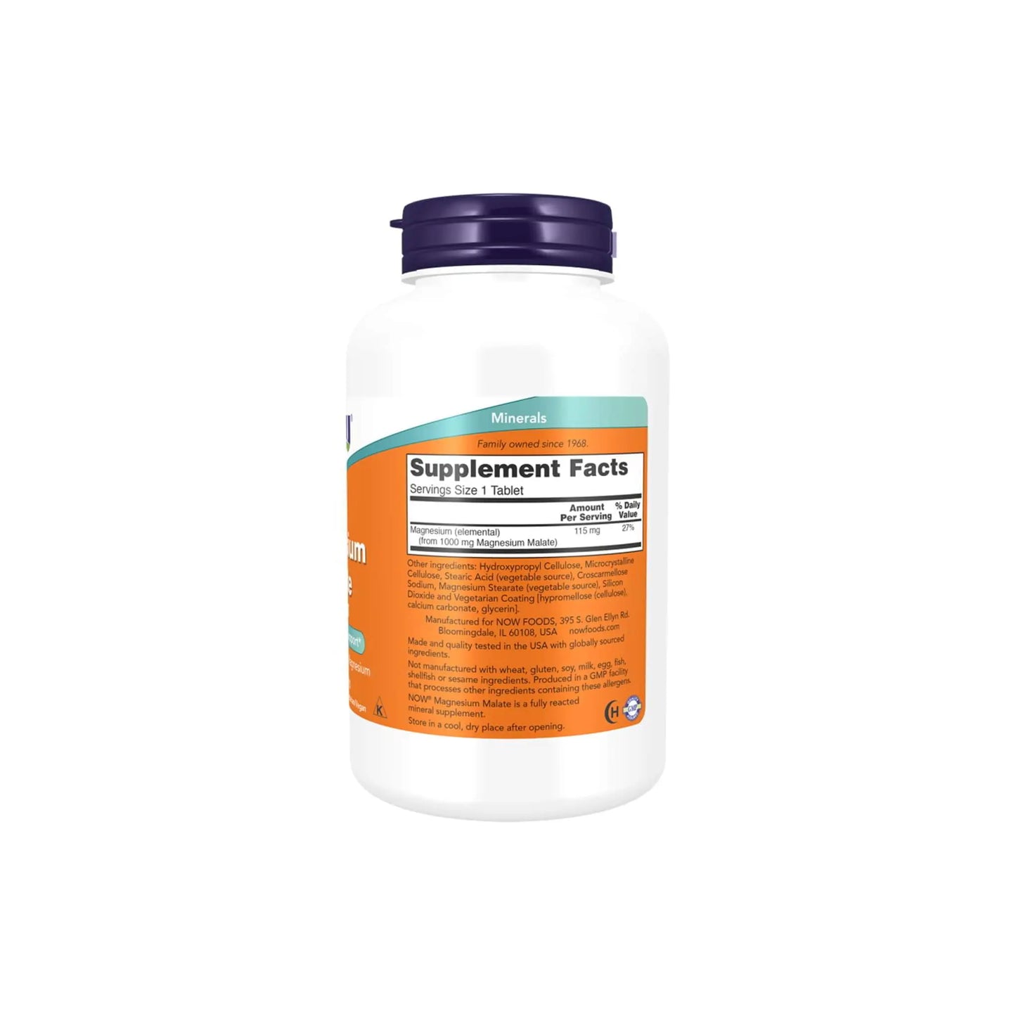Now Foods Magnesium Malate supplement bottle with dosage and supplement facts label displayed.