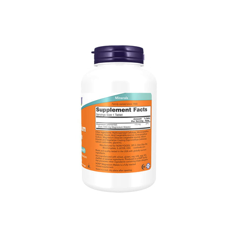 Now Foods Magnesium Malate 1000 mg dietary supplement bottle with 180 tablets for nerve system support.