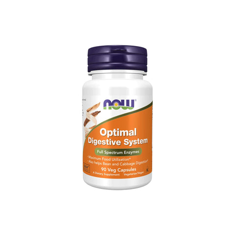 NOW Optimal Digestive System bottle with 90 vegetarian capsules for enhanced food digestion support.
