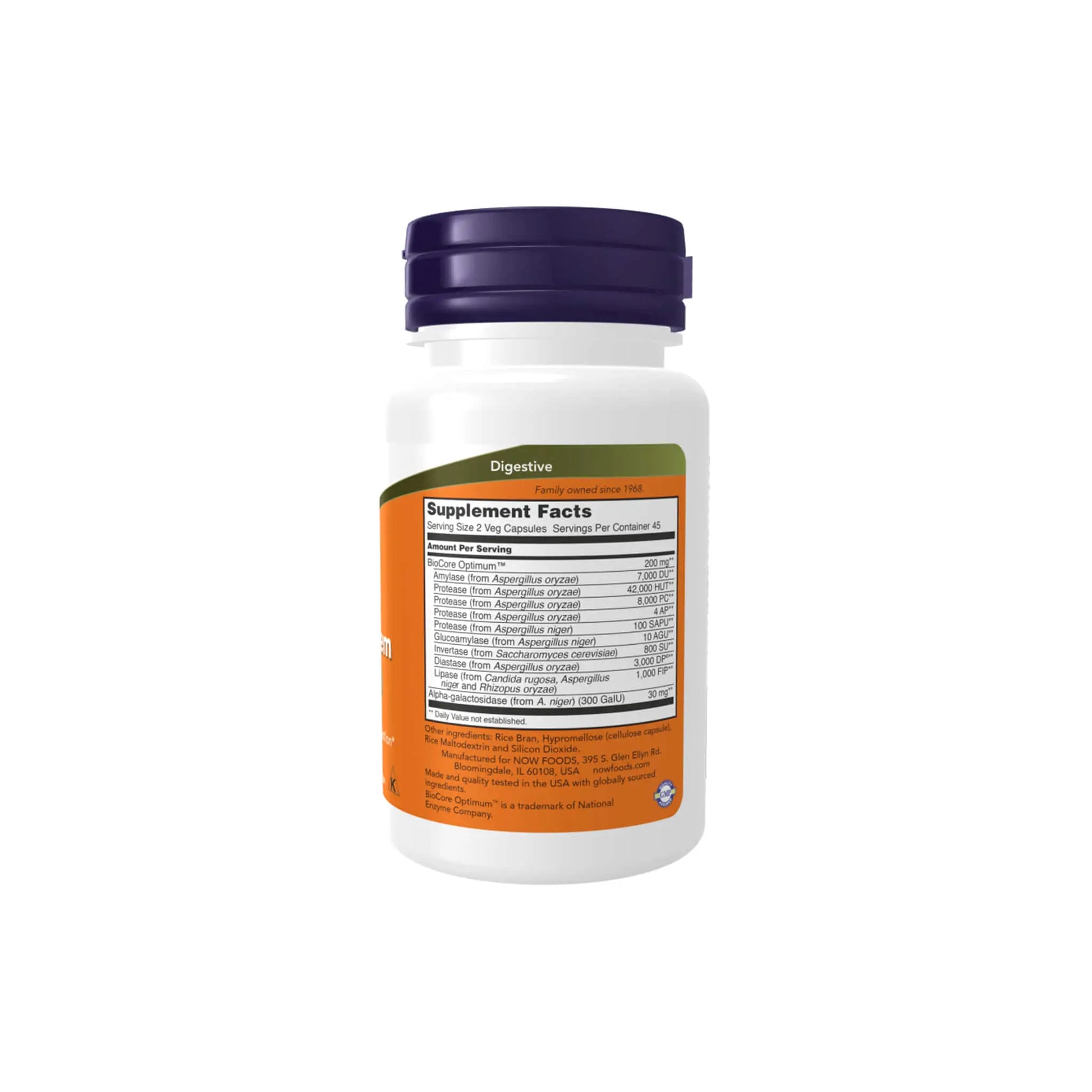 NOW Optimal Digestive System bottle with supplement facts label showcasing vegetarian enzymes for improved digestion.