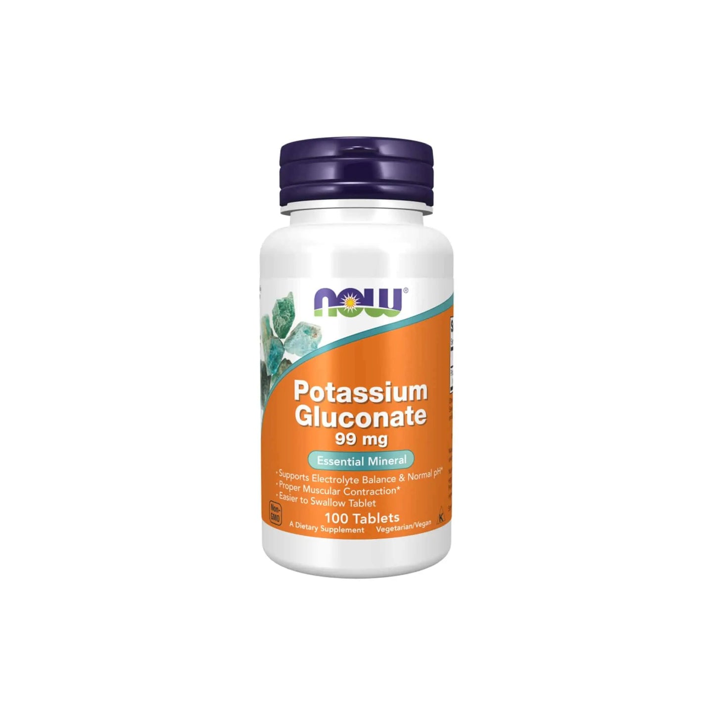 NOW Foods Potassium Gluconate 99 mg, essential mineral supplement for electrolyte balance, muscle health, and nerve function, 100 tablets.