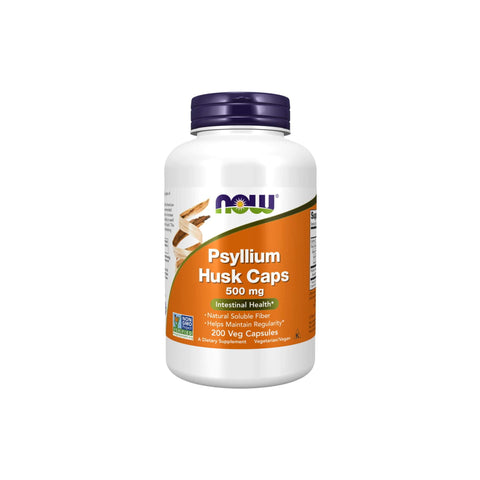 Now Foods Psyllium Husk Caps 500 mg for intestinal health and dietary fiber support, featuring 200 vegan capsules.