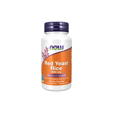 NOW Foods Red Yeast Rice 600mg supplement bottle with 60 vegetable capsules for cholesterol support.