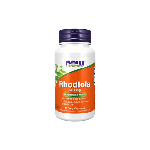 Now Foods Rhodiola 500mg supplement bottle, featuring standardized extract for stress adaptation and energy support.