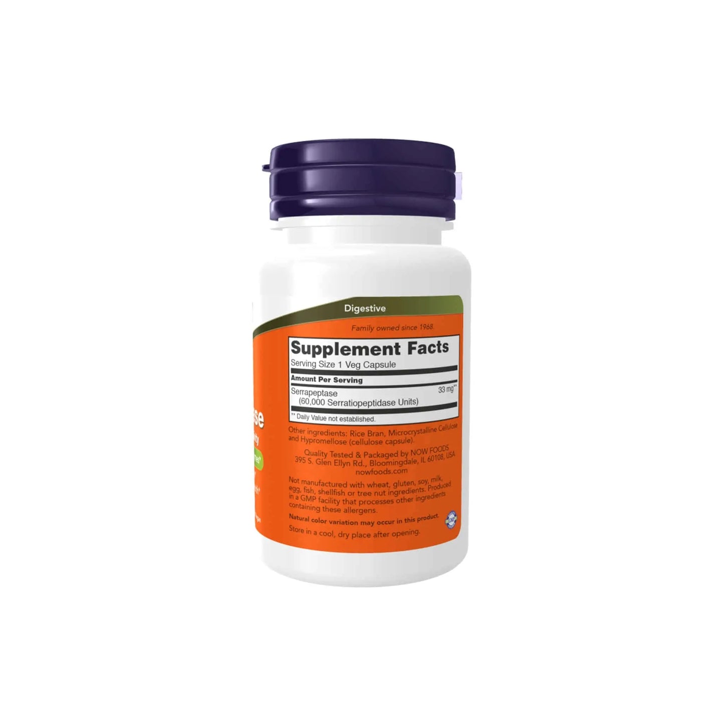 Now Foods Serrapeptase enzyme supplement bottle showcasing supplement facts and dosage information.
