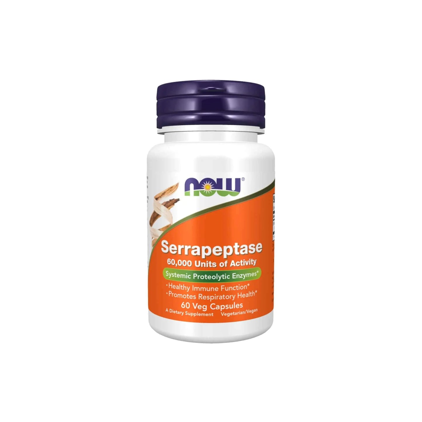 Now Foods Serrapeptase supplement bottle, 60,000 units of activity, supports immune function and respiratory health.