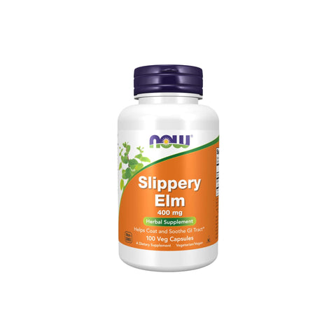 Now Foods Slippery Elm 400 mg, herbal supplement in a white bottle, promoting gastrointestinal health.
