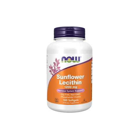 NOW Sunflower Lecithin 1200mg dietary supplement bottle with 100 softgels for nervous system support. Non-GMO, soy-free.