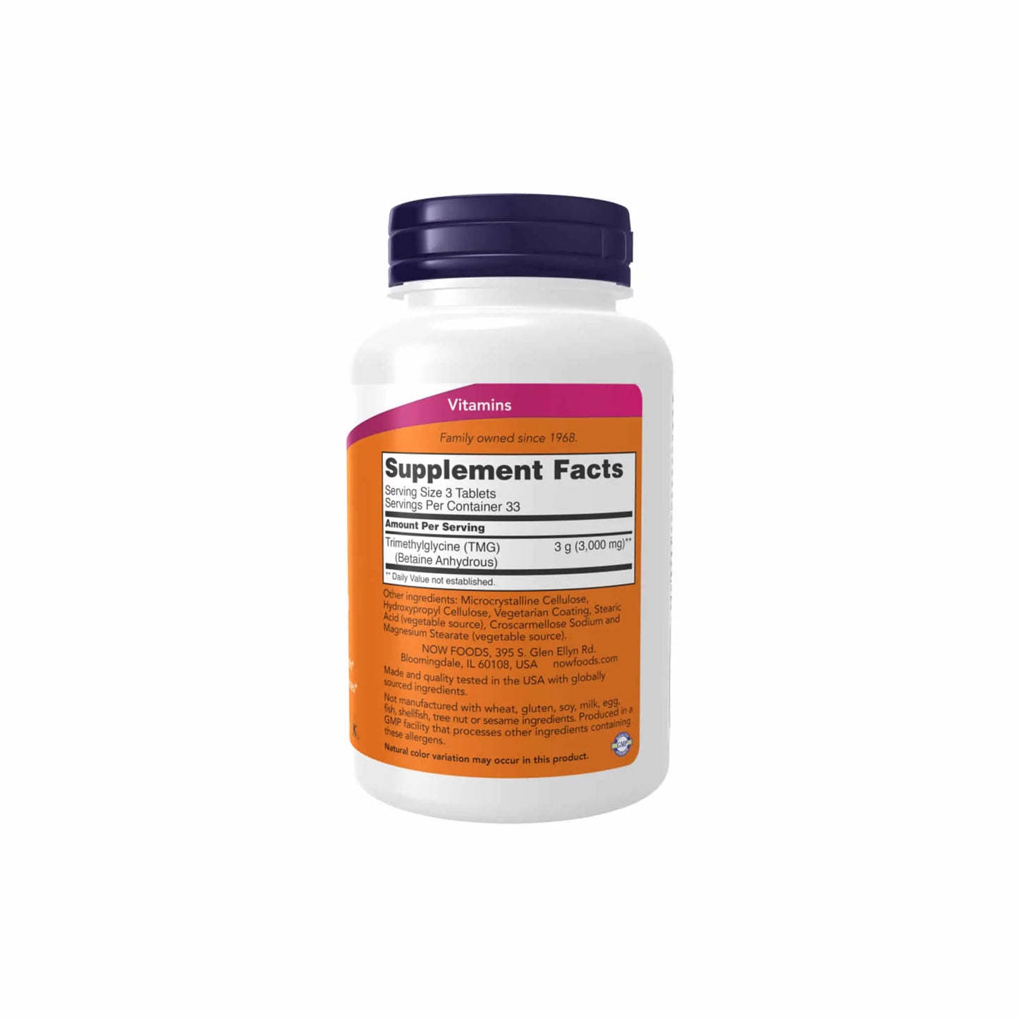 Now Foods TMG Betaine 1000mg supplement bottle with nutritional information label and purple cap on a white background.