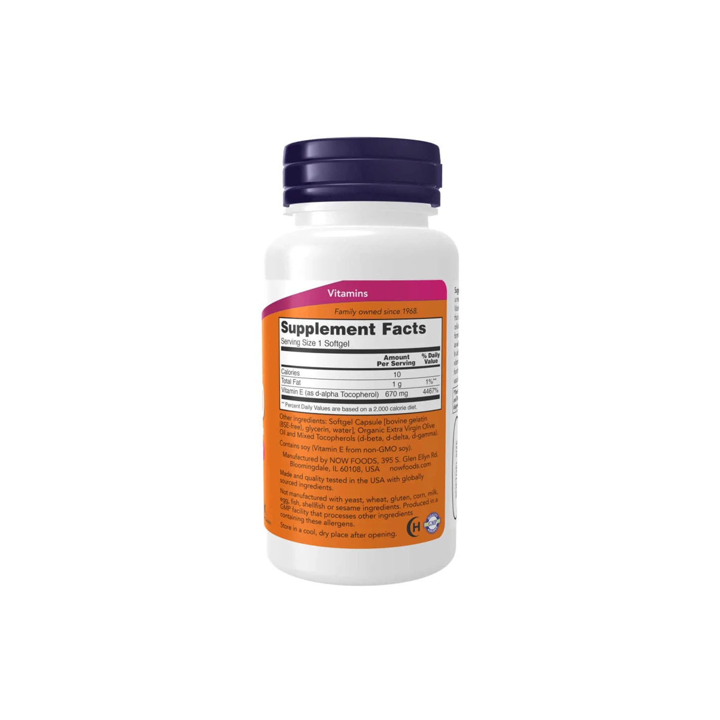 Now Foods Vitamin E-1000 supplement facts label on a bottle, highlighting antioxidant and immune support benefits.