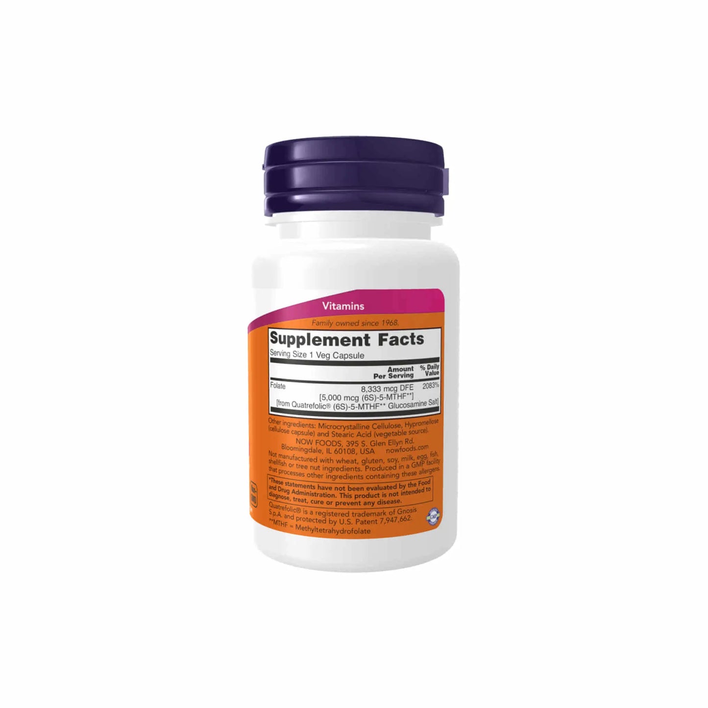 Now Foods Methyl Folate supplement bottle displaying nutritional facts and ingredients.