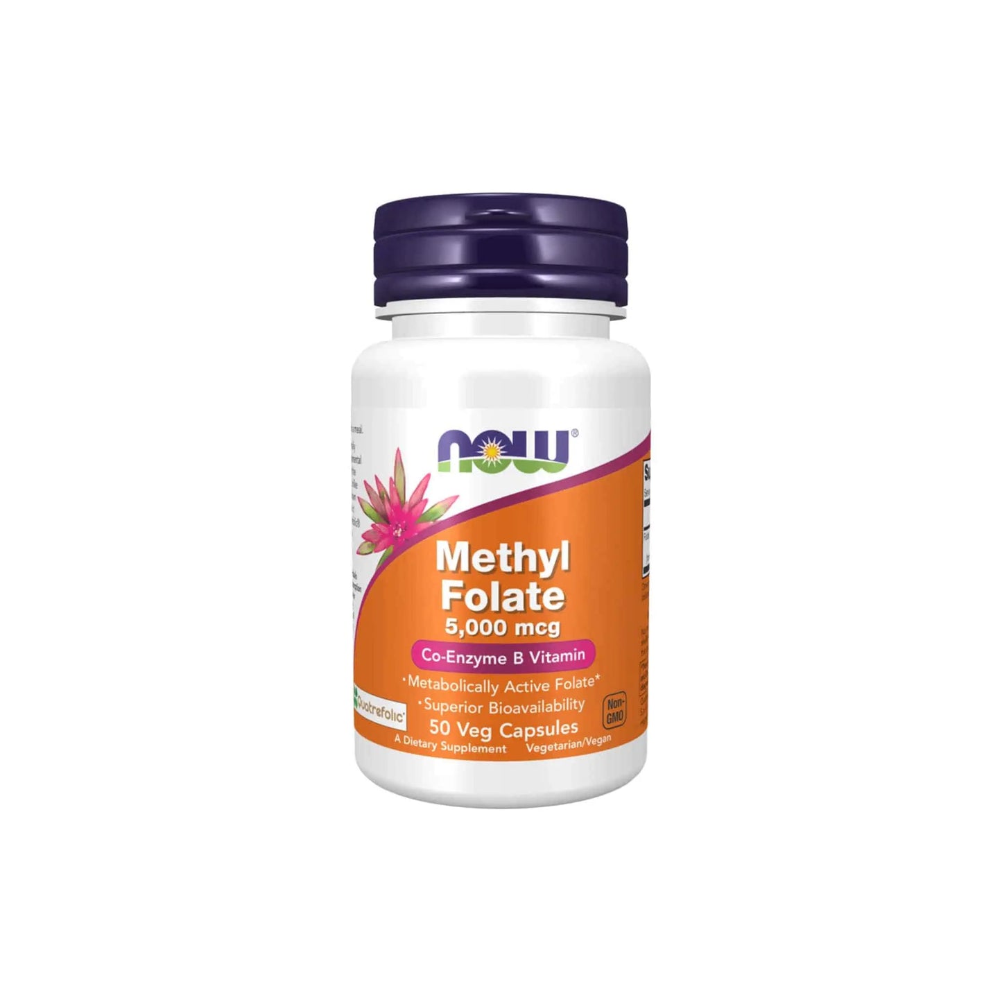 NOW Foods Methyl Folate 5000mcg bottle for neurological health and optimal folate absorption. 50 veg capsules.