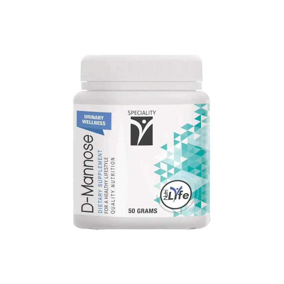 Nutrigreen D-Mannose Powder supplement container for urinary wellness, 50 grams packaging.