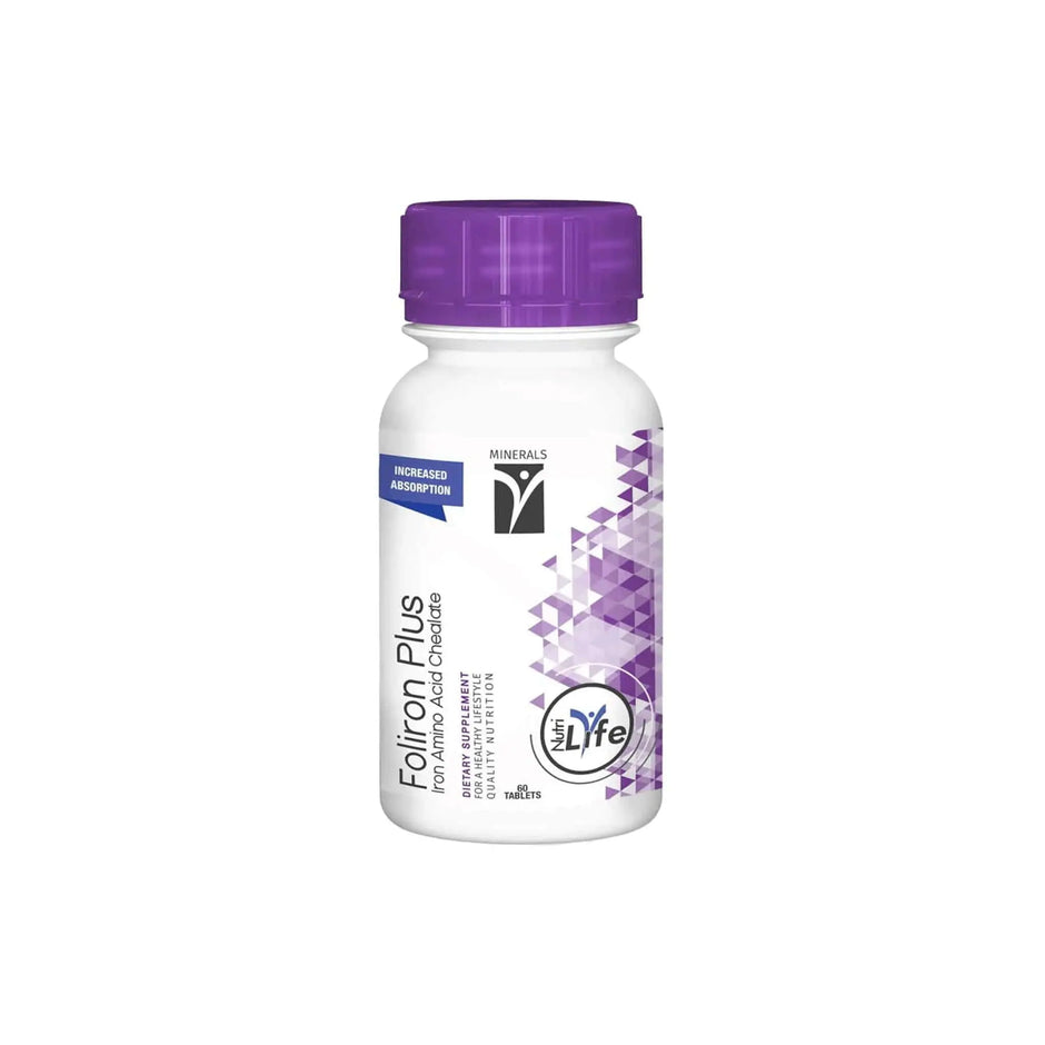 Nutrigreen Foliron Plus supplement bottle for enhanced iron absorption and nutritional support.