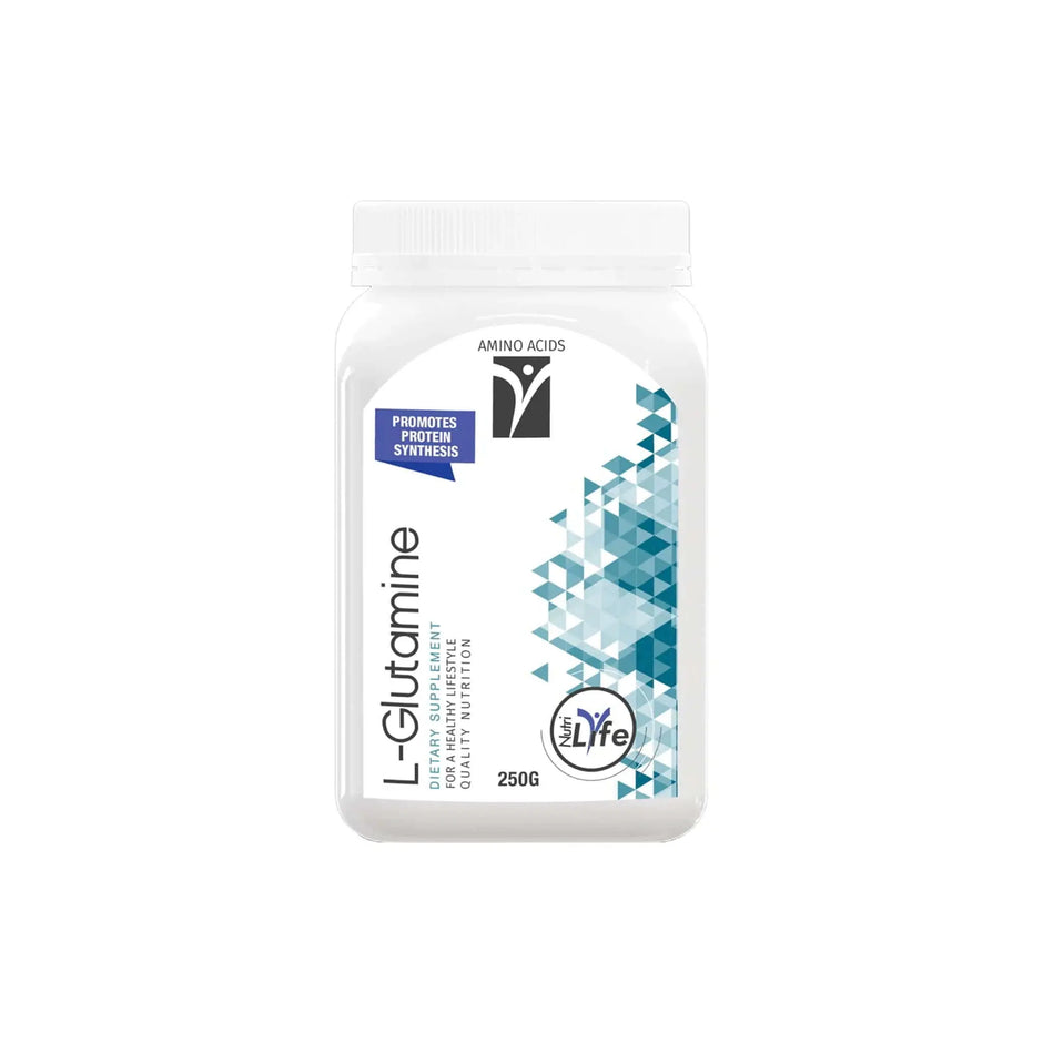Nutrigreen L-Glutamine Powder 250g container, promotes protein synthesis and muscle recovery.
