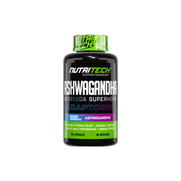 Nutritech Ashwagandha capsules bottle, 500 mg herbal supplement for stress relief and overall wellness, 90 capsules.