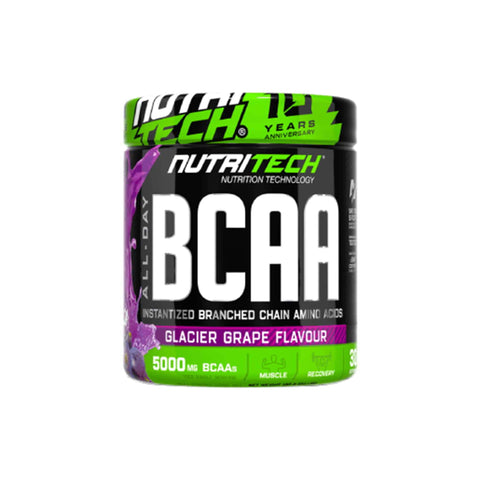 Nutritech BCAA 5000 Glacier Grape flavor supplement, 5000mg instantized branched-chain amino acids for muscle recovery.