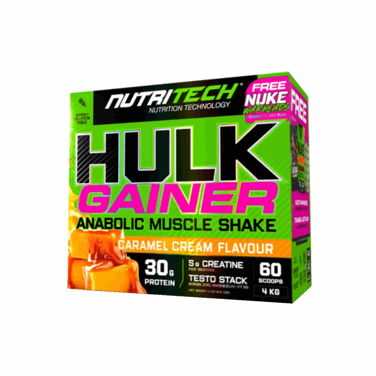 Nutritech Hulk Gainer Box 4Kg with caramel cream flavor, featuring 30g protein and 5g creatine per serving.