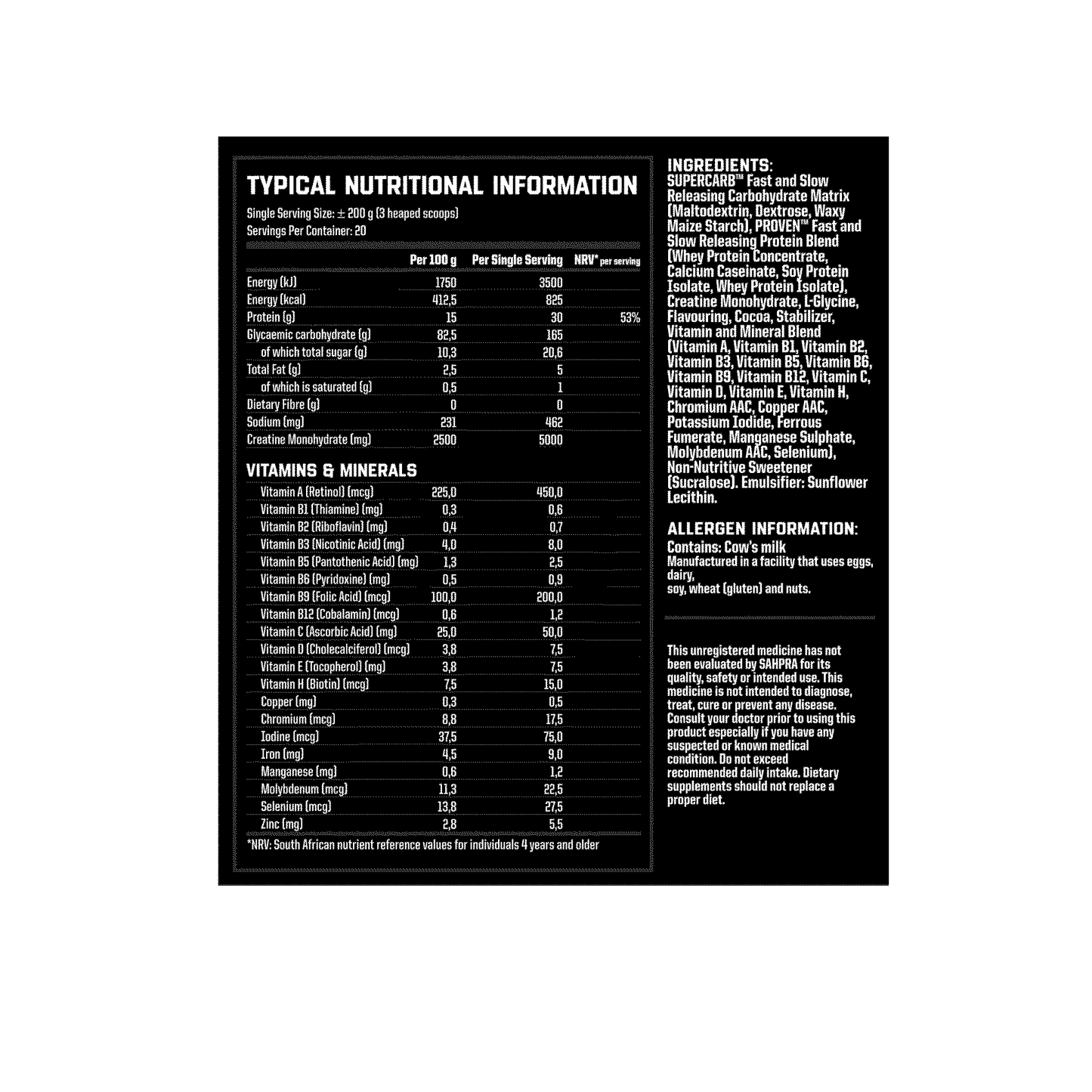 Nutritech Hulk Gainer Box nutritional information including ingredients, protein, carbohydrates, and vitamins.