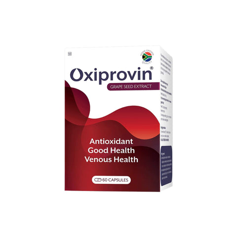 Oxiprovin grape seed extract supplement box promoting antioxidant and venous health, containing 60 capsules.