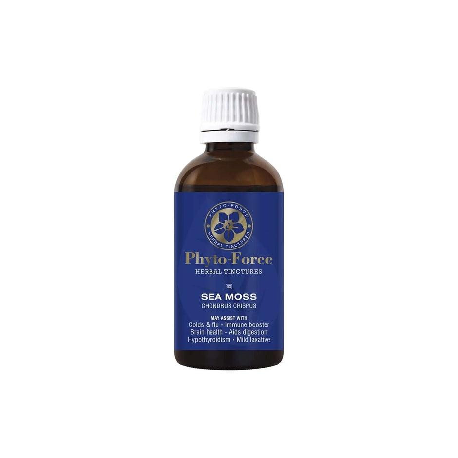 Phyto Force Sea Moss herbal tincture bottle, supporting thyroid health and providing essential iodine.