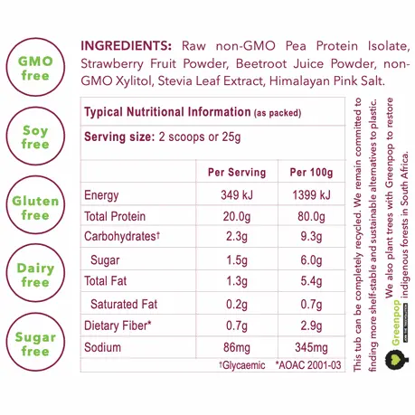 Nutritional information and ingredients for Phyto Pro Thrive Protein Strawberry, highlighting its non-GMO, gluten-free, and vegan qualities.