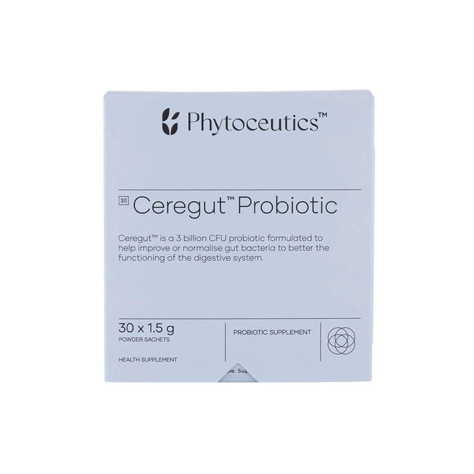 Phytoceutics Ceregut Probiotic box, 30 sachets for digestive health and bacterial balance.