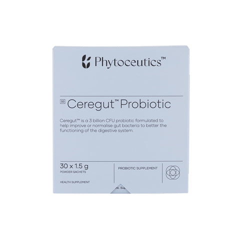 Phytoceutics Ceregut Probiotic box, 30 sachets for digestive health and bacterial balance.