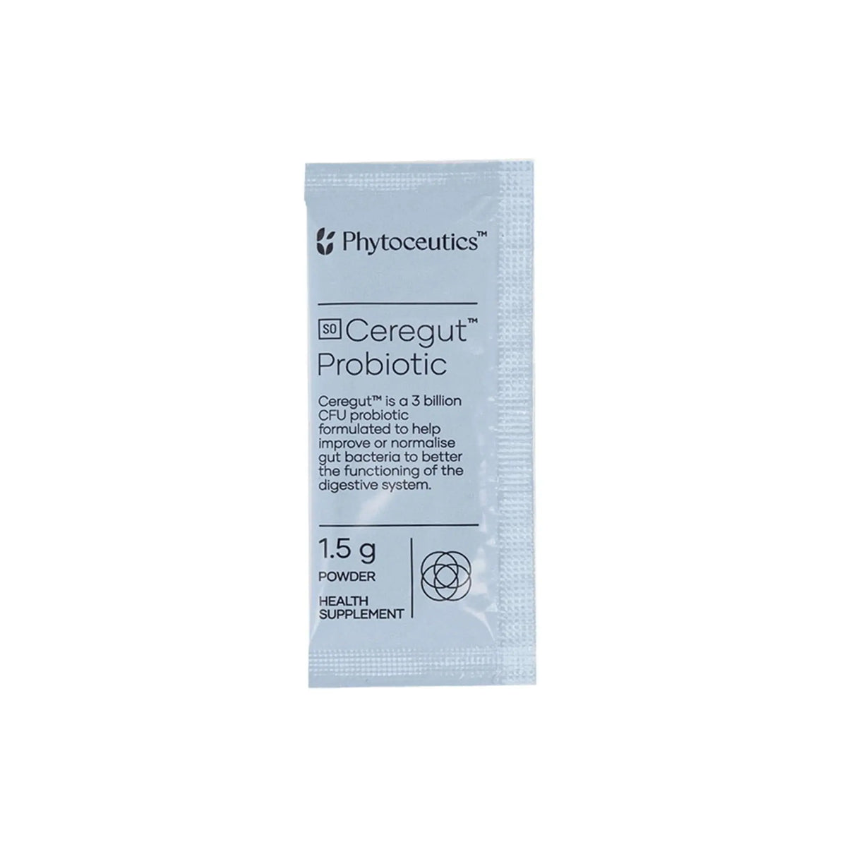 Phytoceutics Ceregut Probiotic powder sachet for digestive health, containing 3 billion CFU probiotics.