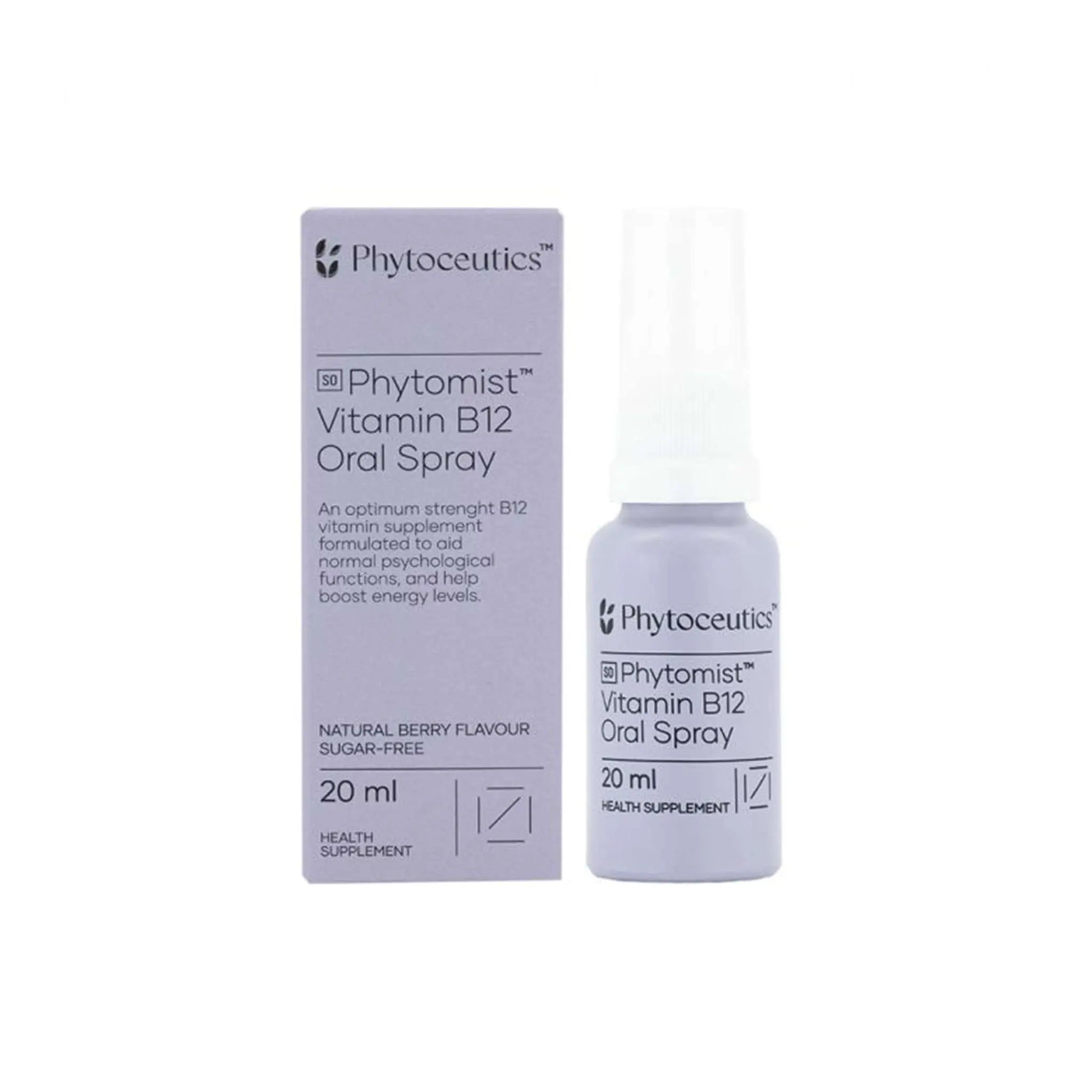 Phytoceutics Phytomist B12 Oral Spray 20ml, sugar-free, natural berry flavor, health supplement for energy support.