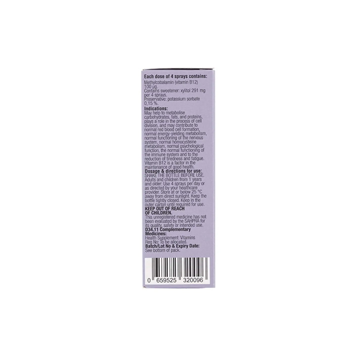 Ingredient and dosage information for Phytoceutics Phytomist B12 Oral Spray packaging.